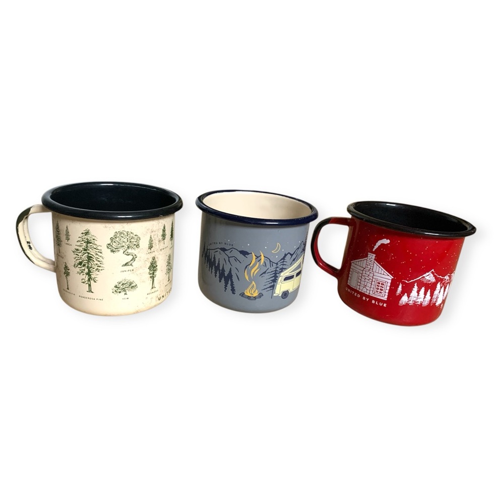 3 Scenic Enamel Plant Pot Mug Set - Red, Cream, Gray